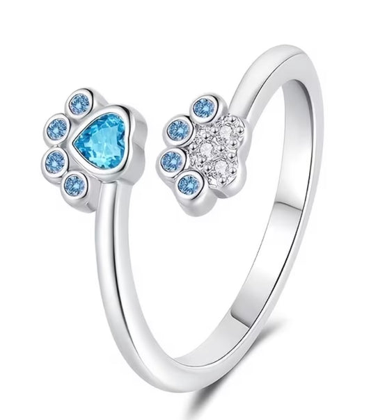 Blue Crystal Paw Print Adjustable Ring